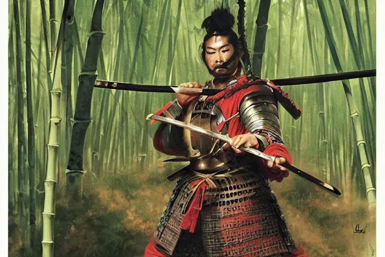 Prompt: close up of samurai in full armor, in a mysterious and bamboo forest, dawn, by huang guangjian and gil elvgren, sachin teng, greg manchess