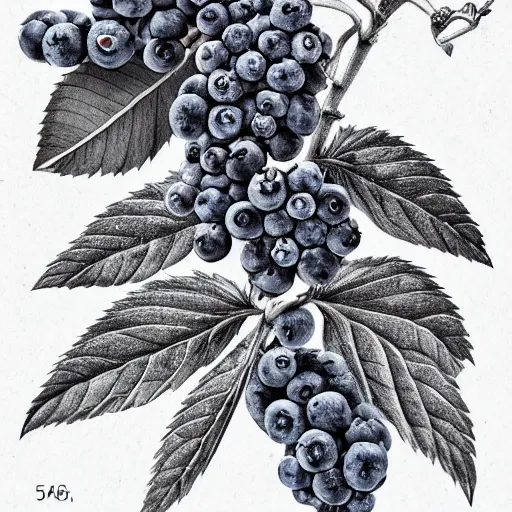 Image similar to botanical drawing of blueberry bush. Traditional art. Rustic. Nordic. 4K. Trending on artstation. Detailed Bushy. Nature. Artistic.