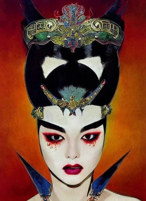 Image similar to mighty female korean vampiress, jeweled headdress, heavy mascara, strong line, saturated color, beautiful! coherent! by frank frazetta, high contrast, minimalism