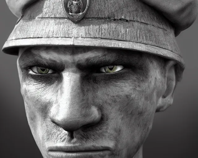 Image similar to A soldier cat warrior in world war one, close-up, realistic face, sharp facial features, mature facial features, black and white, amazing digital art, hyper detailed, artstation, in the style of Tony Sart