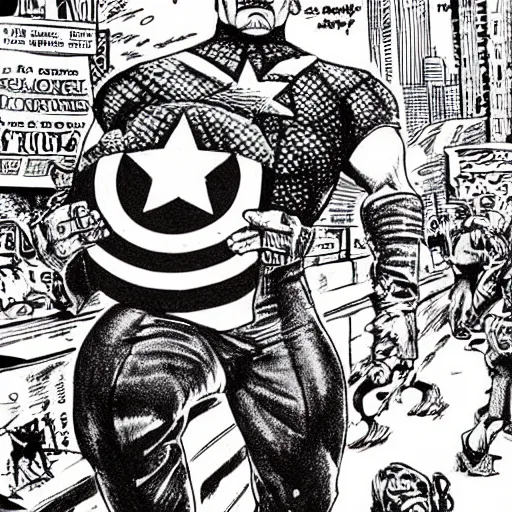 Image similar to The Artwork of R. Crumb and his Cheap Suit Captain America, pencil and colored marker artwork, trailer-trash lifestyle