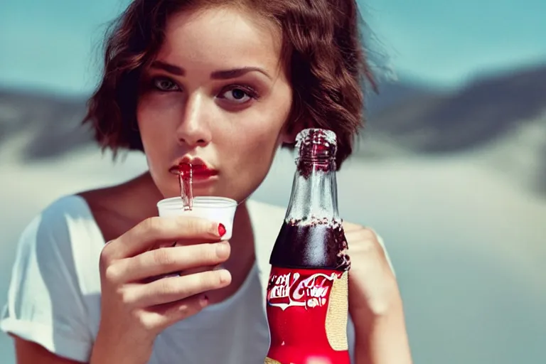 Prompt: beautiful fit summer fashion model woman drinking a Coca-Cola in natural light by Alessio albi