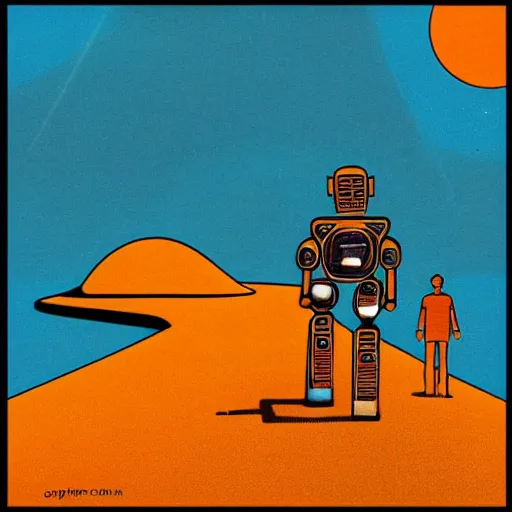 Image similar to “ a picture of a chrome robot walking through outer world desert, a retro sci - fi art by moebius, a path made of a circuit board, orange desert, bright clean blue sky, retro sci - fi adventures ”