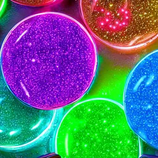 Prompt: photo of neon colored candy, green, blue and purple shining highlights
