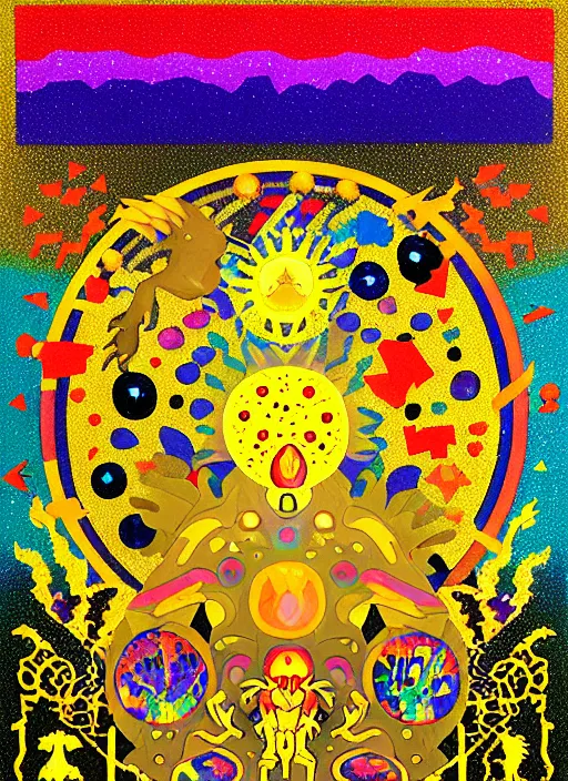 Image similar to pixel decollage painting tarot sun card composition golden armor alien zombie horseman riding on a crystal bone dragon broken rainbow diamond maggot horse in a blossoming meadow full of colorful mushrooms and golden foil toad blobs in a golden sunset, distant forest horizon, painted by mark rothko, helen frankenthaler, danny fox and hilma af klint, pixelated