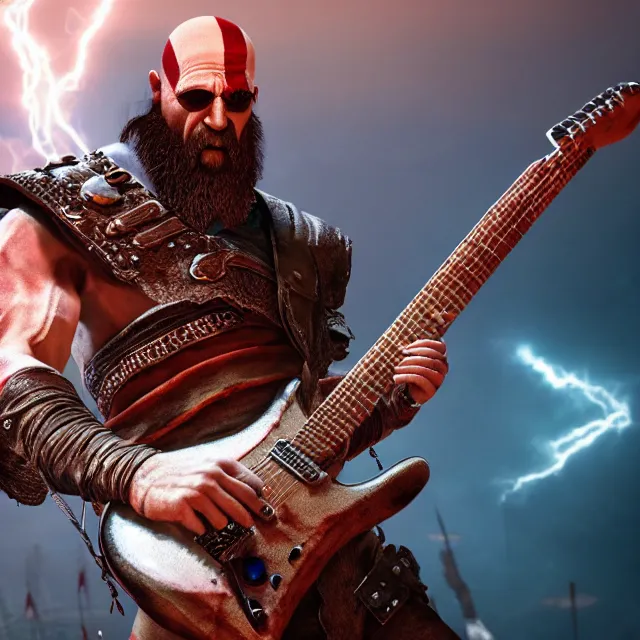 Prompt: sunglasses wearing kratos rocking out on a stratocaster guitar, cinematic render, god of war 2 0 1 8, playstation studios official media, sunglasses, lightning