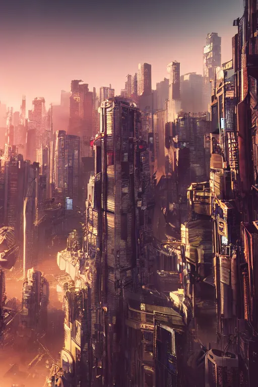 Image similar to cyberpunk cityscape like tokyo nework with tall buildings at dusk golden hour cinematic lighting, epic composition. A golden daylight, hyper-realistic environment. Hyper and intricate detail, photo-realistic. Cinematic and volumetric light. Epic concept art. Octane render and Unreal Engine, trending on artstation