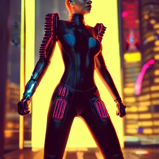 Prompt: An epic comic hyperrealistic full body shot portrait cg of a cyber warrrior girl wearing futuristic wardrobe, black and reddis, ultradetailed face expression trending on artstation and artbreeder, cyberpunk 2077 color, heavy rainning at tokyo night, neon light rooftop, unreal 5, DAZ, 8k, unreal 5 engine render, cosplay, RPG portrait, final fantasy Vll world concept, dramatic lighting, rim lights, PS5 render quality
