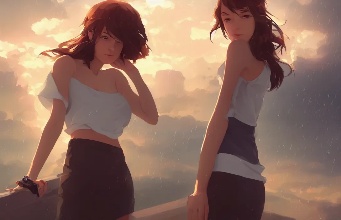 Image similar to a beautiful british woman with short brown hair, gentle, somber amber eyes, standing on a rooftop, storm in the distance, basic clothing, digital art by makoto shinkai ilya kuvshinov and wojtek fus, digital art, concept art,