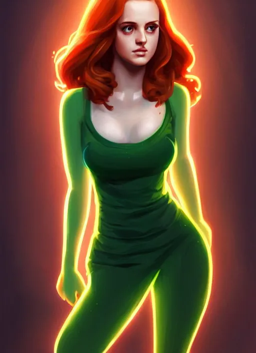 Image similar to full body portrait of teenage cheryl blossom, bangs, green eyes, mischievous expression, red hair, sultry smirk, bangs and wavy hair, intricate, elegant, glowing lights, highly detailed, digital painting, artstation, concept art, smooth, sharp focus, illustration, art by wlop, mars ravelo and greg rutkowski