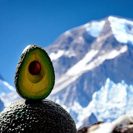 Prompt: an avocado is sitting on the peak of mount everest, clear focus, bokeh effect, high res, hasselblad, dslr