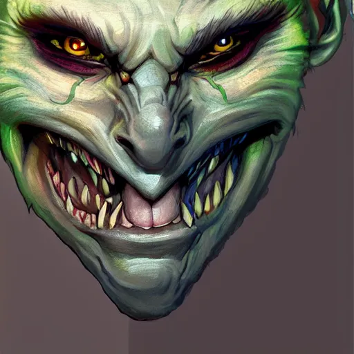 Prompt: headshot of a dnd goblin, a white clouded eye and a scar, wicked smile, greenish skin, painting in the style of boris vallejo and Jeff Easley, digital art, photoshop, trending on artstation,