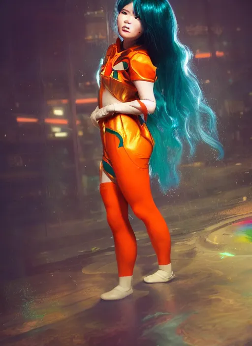 Image similar to teenage rainbow hair asian girl wearing an orange superhero costume, bioshock, au naturel, hyper detailed, digital art, trending in artstation, cinematic lighting, studio quality, smooth render, unreal engine 5 rendered, octane rendered, art style by klimt and nixeu and ian sprigger and wlop and krenz cushart