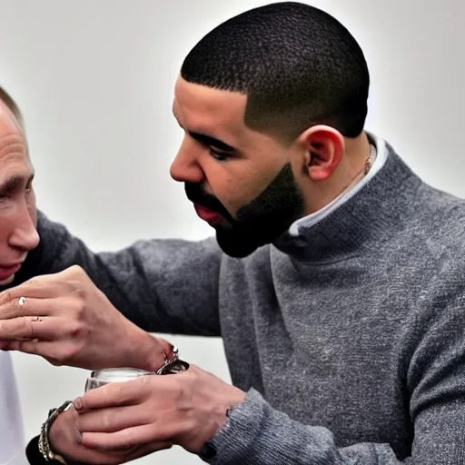 Prompt: drake drinks vodka with vladimir putin