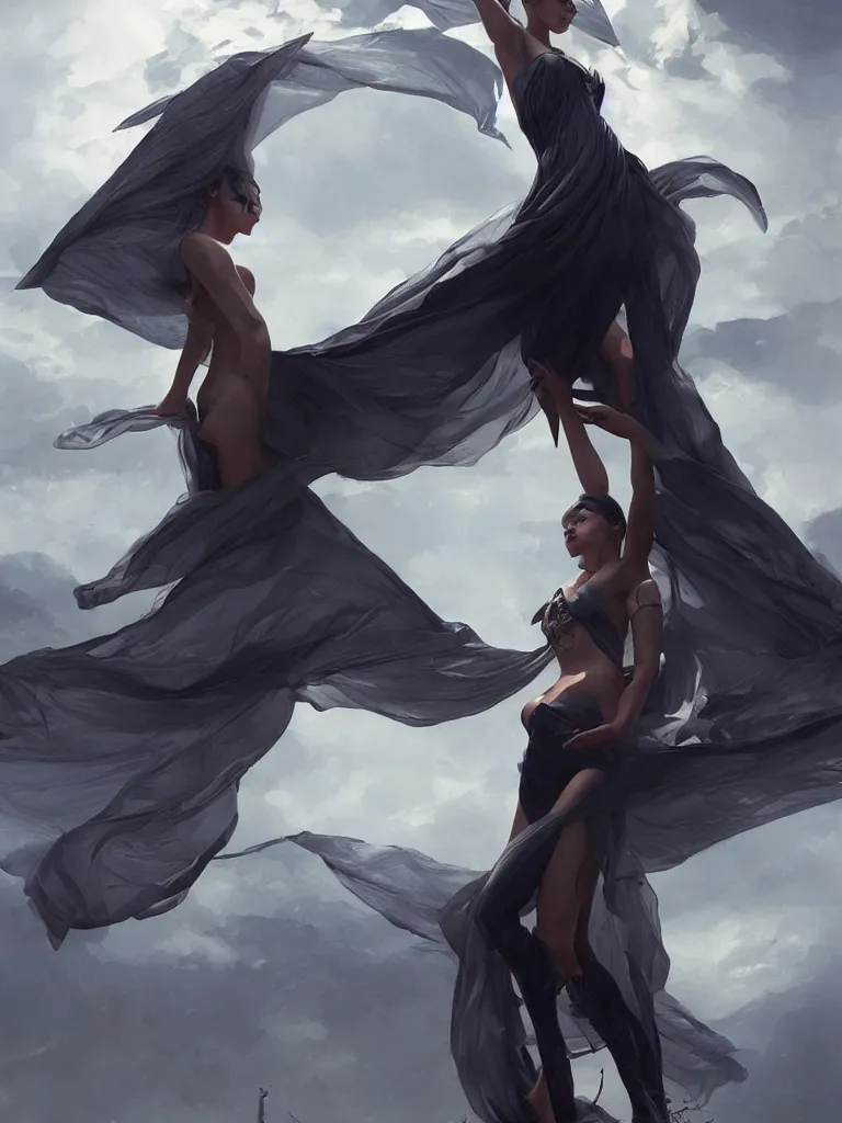 Prompt: asian model cj miles with cyberangel wings in a superherione pose, draped silk outfit flowing in the wind by greg rutkowski, by jeremy lipkinng, by artgerm, digital art, octane render, hyperrealistic, ray - tracing