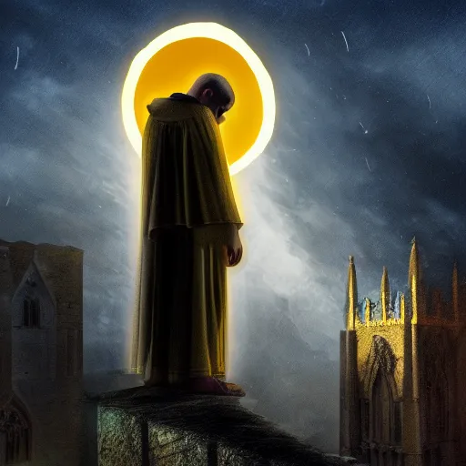 Prompt: A terrified catholic priest in his twenties at the top of a medieval tower watches as an ominous yellow shadow descends upon him from the night sky. He is fervently praying. Dramatic lighting. Award-winning digital art, trending on ArtStation