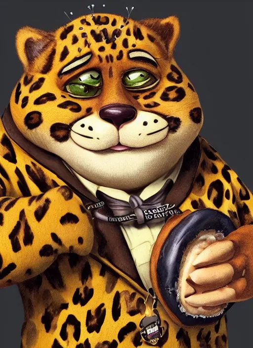 Prompt: a cute fat friendly leopard in steampunk police suit, eating a donut, clawhauser from zootopia, character, closeup headshot, sketch portrait by jean - baptiste monge