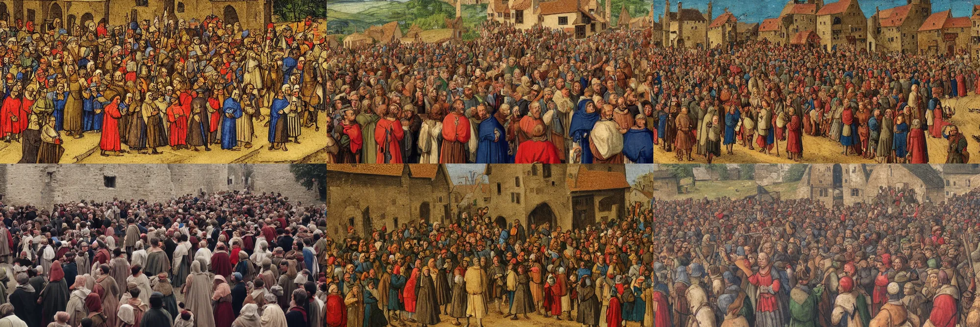 Prompt: close - up color photo of a crowd of medieval villagers cheering and looking at camera, empty road in the middle, eye level view