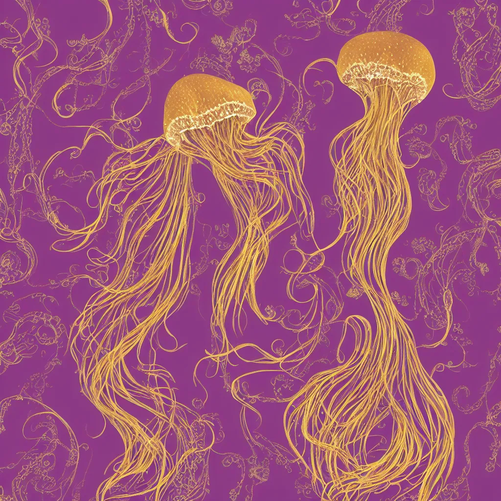 Image similar to Goldenpurple dress design in the style of rococo,Victorian era,jellyfish element,dreamy, soft,Backlight ,luminescence,highly detailed,8k