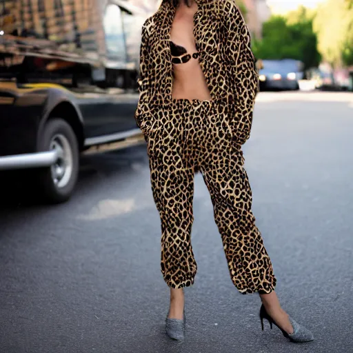 Prompt: sanna marin wearing a leopard suit