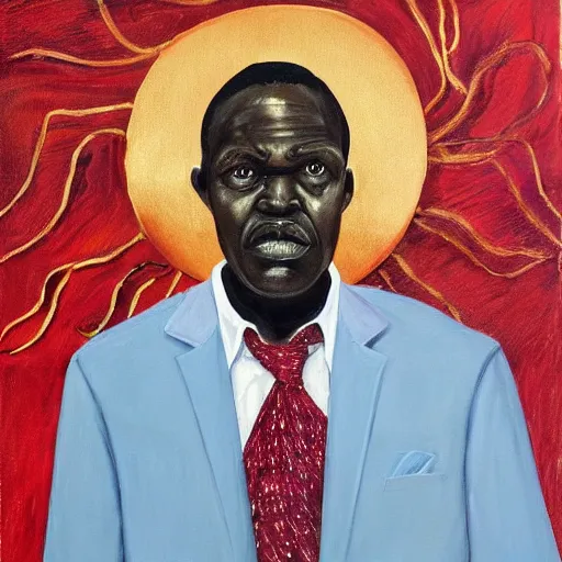 Image similar to a painting of a loving, caring fatherly wide forehead, aquiline nose, round face, XXL , generous, ever-present, humble, wise elder from Kenya in a silver suit and red tie by Wangechi Mutu . Fatherly/daddy, focused, loving, leader, relaxed. Gold background, heavenly lights, details, smooth, sharp focus, illustration, realistic, cinematic, artstation, award winning, rgb , unreal engine, octane render, cinematic light, macro, depth of field, blur, light and clouds, highly detailed epic cinematic concept art CG render made in Maya, Blender and Photoshop, octane render, excellent composition, dynamic dramatic cinematic lighting, aesthetic, very inspirational, arthouse.