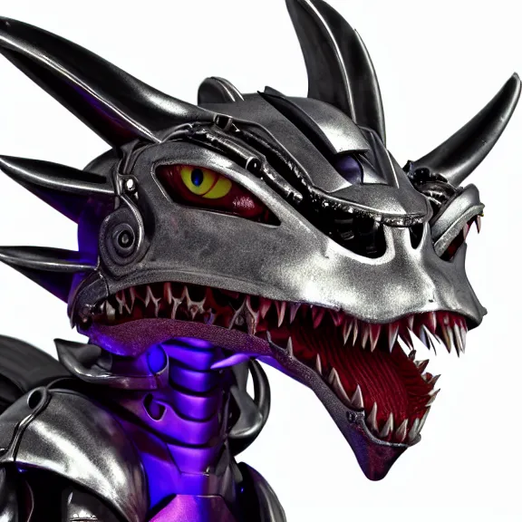 Image similar to high quality close up headshot of a cute beautiful stunning robot anthropomorphic female dragon with metal cat ears, with sleek silver metal armor, purple flesh, glowing LED eyes, facing the camera, high quality maw open and about to eat you, you being dragon food, the open maw being detailed and soft, sharp teeth, soft lulling tongue, highly detailed digital art, furry art, anthro art, sci fi, warframe art, destiny art, high quality, 3D realistic, dragon mawshot, maw art, furry mawshot, macro art, dragon art, Furaffinity, Deviantart