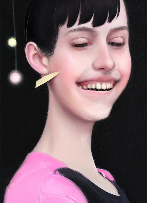 Image similar to portrait of teenage girl, realistic, black hair, bangs, half updo hairstyle, pointy nose, skinny, smile, ugly, defined jawline, big chin, pink hair bow, earrings, intricate, elegant, glowing lights, highly detailed, digital painting, artstation, sharp focus, illustration, art by wlop, mars ravelo and greg rutkowski