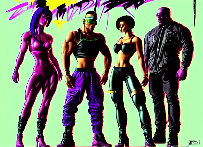 Image similar to cyberpunk bodybuilder gang. portrait by stonehouse and mœbius and will eisner and gil elvgren and pixar. character design. realistic proportions. cyberpunk 2 0 7 7 character art, blade runner 2 0 4 9 concept art. cel shading. attractive face. thick lines. the team. diverse characters. artstationhq.