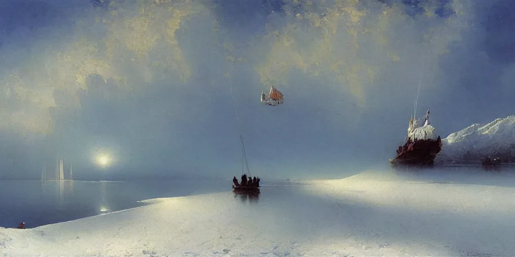 Prompt: Beautiful ice lake, snow, freezing, big zepelim in the sky, big air balloon in the sky, beautiful artwork detailed painting by Ivan Aivazovsky