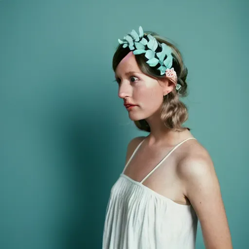 Image similar to a photograph of beautiful nordic woman wearing a white folkdrakt dress, she has a summer flower headband. against a teal studio backdrop. strong kodak portra 4 0 0 film look. film grain.