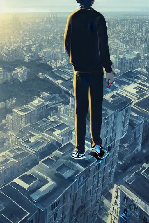 Image similar to Man in black adidas tracksuit looking atop of a urban plateau filled with soviet apartment buildings, golden hour, dreamy, beautiful clouds, ultra detailed, beautiful lighting, windy, 8k, wallpaper, cityscape, beautiful artwork by Makoto Shinkai