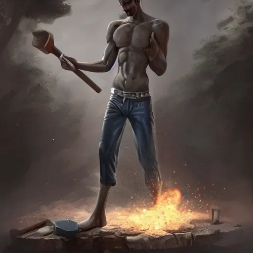 Image similar to gandi hit with hammer a policeman, detailed body, realistic body proportions, unreal engine, by popular digital artist, digital, artstation, detailed body, heavenly atmosphere, digital art, overdetailed art, trending on artstation, cgstudio, the most beautiful image ever created, dramatic, award winning artwork, beautiful scenery