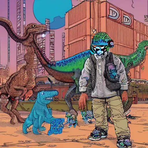 Image similar to intricate detailed color illustration of a cyberpunk street kid with a pet dinosaur, in the style of Geof Darrow