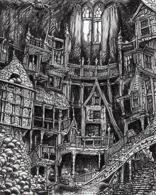 Prompt: pen and ink drawing of the house of hell, gothic mansion, fighting fantasy style image, by steve jackson and ian livingstone, highly detailed