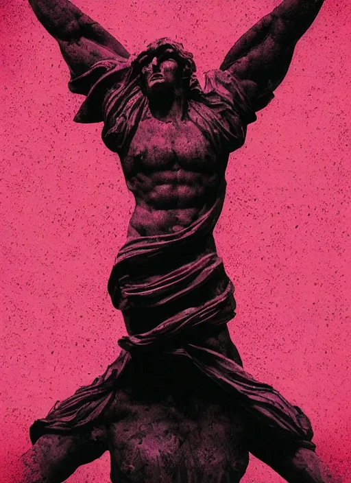Prompt: dark design poster showing a beautiful greco roman statue, black background with very subtle red and purple design elements, powerful, nekro, vito acconci, thin straight lines, dark, glitch art, neo vaporwave, gritty, layout frame, square, trending on artstation
