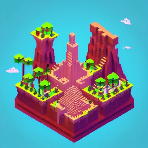 Image similar to a stunning minimalist isometric view of a fantasy castle deep within a vast cave, spiralling waterfalls and beautiful plants, intricate details, voxel art in the style of monument valley