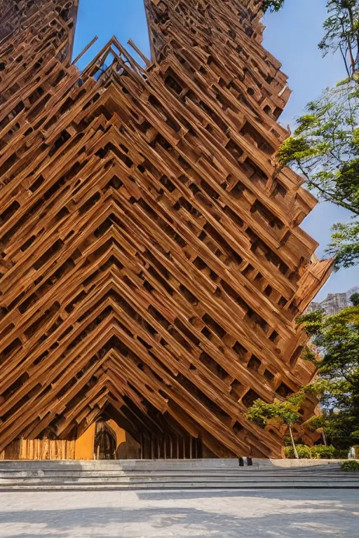 Prompt: buliding design by ieoh ming pei, it is made by wood, function is church ， photography ， 8 k