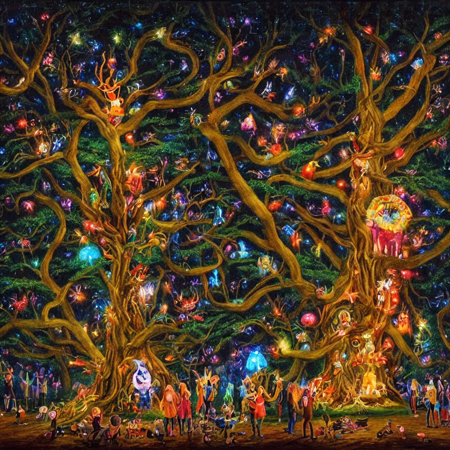 Image similar to a night carnival around a magical tree cavity, with a surreal orange moonlight and fireworks in the background, next to a lake with iridiscent water, christmas lights, folklore animals and people disguised as fantastic creatures in a magical forest by summer night, masterpiece painted by peter von cornelius, dark night environment