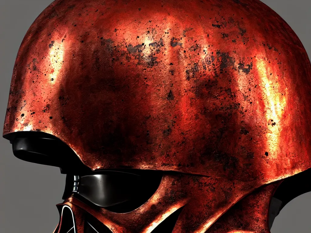 Image similar to darth vader's helmet made of rusted iron with rivets, exquisite detail and texture, octane render, trending on artstation, trending on deviantart, artgerm, photorealizitic, epic digital art,