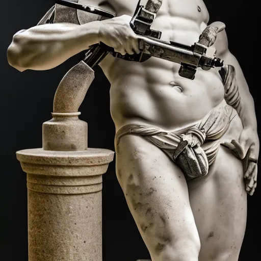 Prompt: a greek marble statue with a marble machine gun strapped around his shoulder, museum background, studio lighting, high detail, bokeh, 4K
