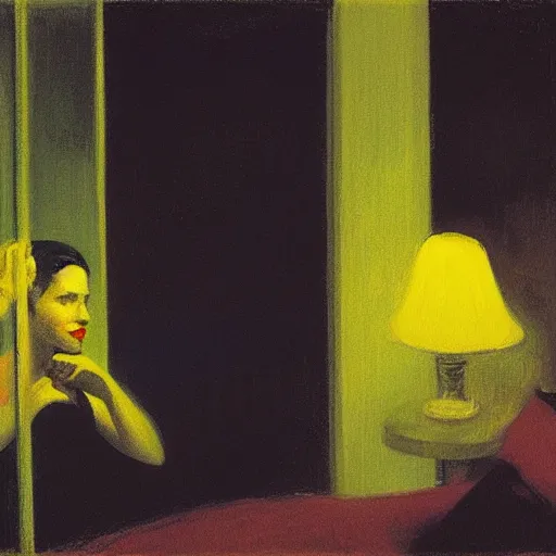 Image similar to silhouette of a woman gazing out the window of her hotel room, rainy night, neon lighting, extremely detailed masterpiece, by Edward Hopper