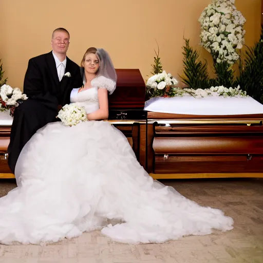 Prompt: a bride and groom sit on top of a casket at a funeral, wedding photo