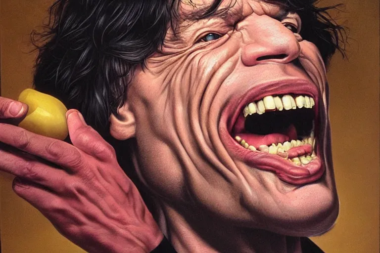 Prompt: mick jagger mouth is as big as his head, Jason Edmiston