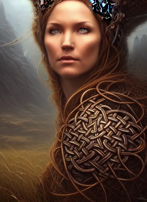 Image similar to closeup portrait shot of a celtic woman in a scenic dystopian environment, intricate, elegant, highly detailed, centered, digital painting, artstation, concept art, smooth, sharp focus, illustration, artgerm, tomasz alen kopera, peter mohrbacher, donato giancola, joseph christian leyendecker, wlop, boris vallejo