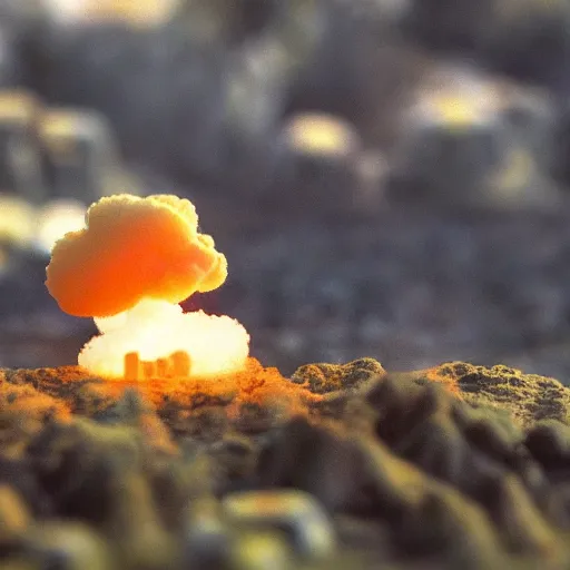 Image similar to a tiny nuclear explosion, mushroom cloud, tilt shift photograph