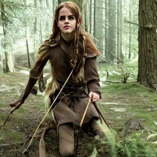 Image similar to emma watson as a wood elf, hunting with a bow