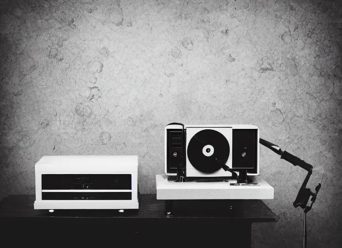 Image similar to photography of a Cat sitting on a record player. in a room full of posters, photorealistic, raining award winning photo, 100mm, sharp, high res