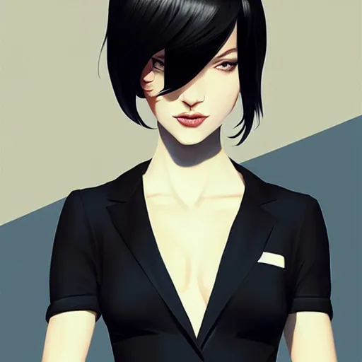 Image similar to slim mafia girl in tuxedo with black bob hair, elegant, 2d, ultra highly detailed, digital painting, smooth, sharp focus, artstation, art by Ilya Kuvshinov