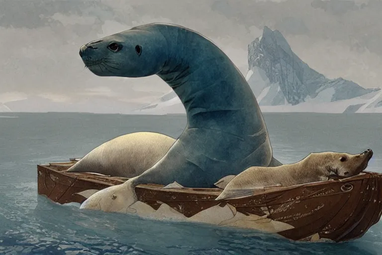 Image similar to a pilosaurus hunting a baby harp seal in the Arctic, swimming among fish in a gray and blue ocean of worrying intent, water color, art by artgerm and greg rutkowski and alphonse mucha and jin xiaodi and anthony devine