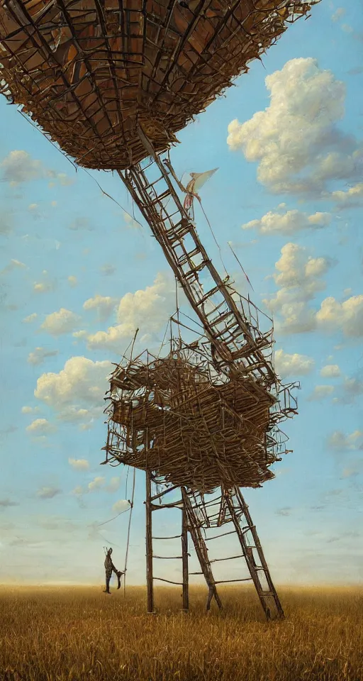 Image similar to surreal building construction, ladders to the sky in the steppe, in game pathologic 2, by jacek yerka, by levitan, oil on canvas, acrylic, digital art, royal academy, masterpiece, trending on artstation, cinematic composition, sharp, details, hyper - detailed, hd